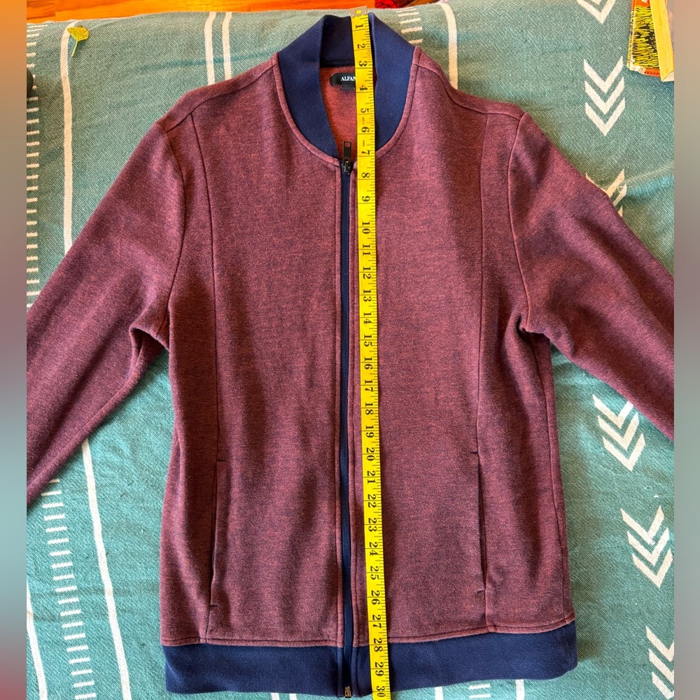 Alfani full zip-up bomber style cardigan, date night, slim-fit burgundy — navy